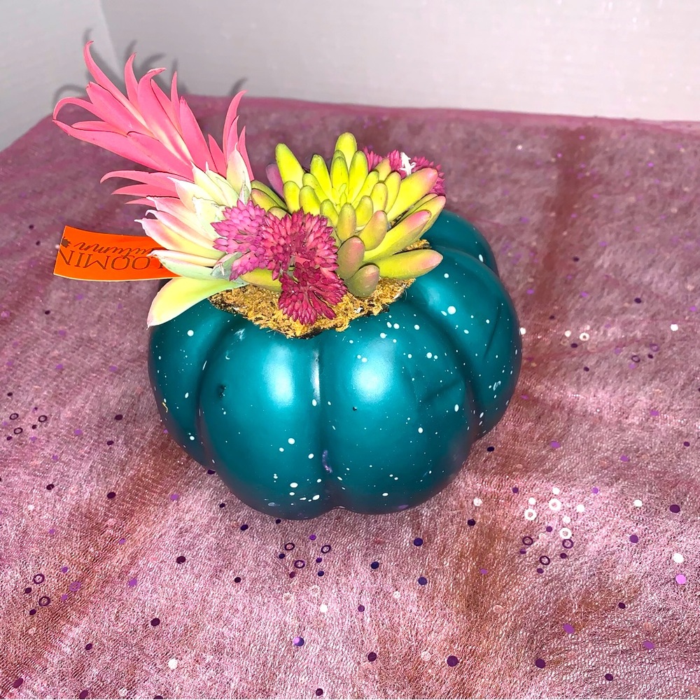 Faux Succulent Blue Teal Plastic Pumpkin Fall Tabletop Decoration - Thanksgiving